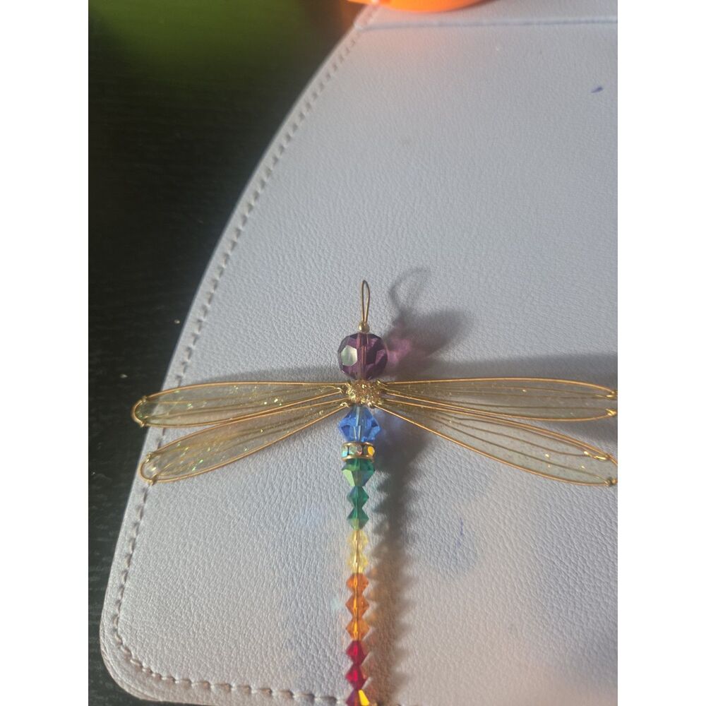 7 Chakra Swarovski Crystal Dragonfly Pendant Rainbow Suncatcher Gold Tone 3.5" - Picture 15 of 16
